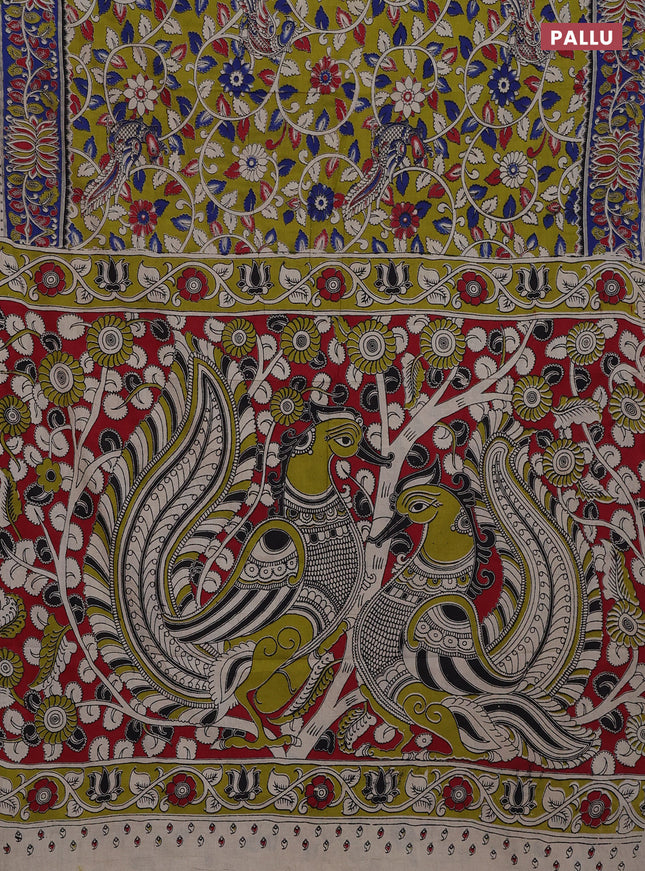 Kalamkari cotton saree lime green and blue with allover prints and printed border