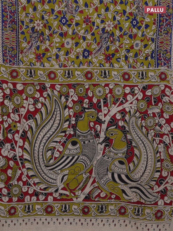 Kalamkari cotton saree lime green and blue with allover prints and printed border