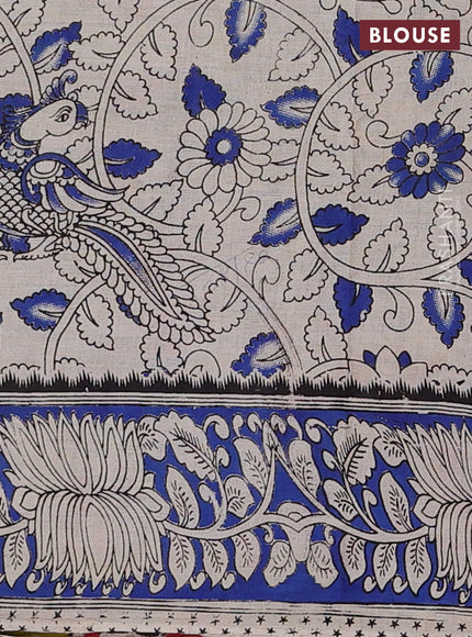 Kalamkari cotton saree lime green and blue with allover prints and printed border