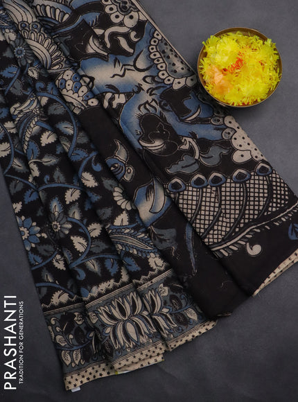 Kalamkari cotton saree black and bluish grey with allover prints and printed border