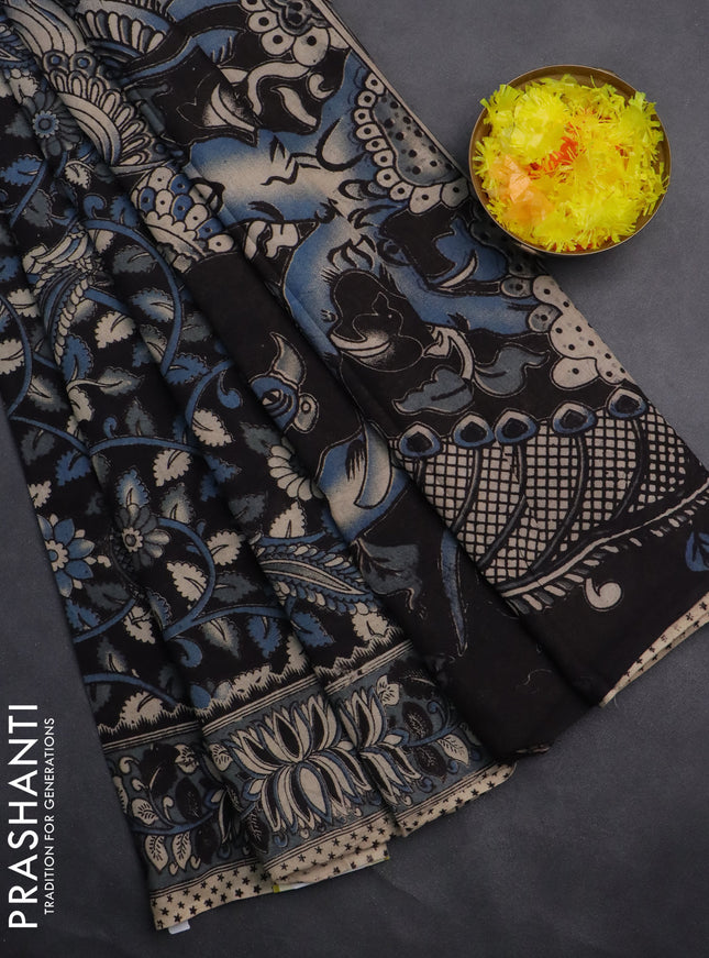 Kalamkari cotton saree black and bluish grey with allover prints and printed border