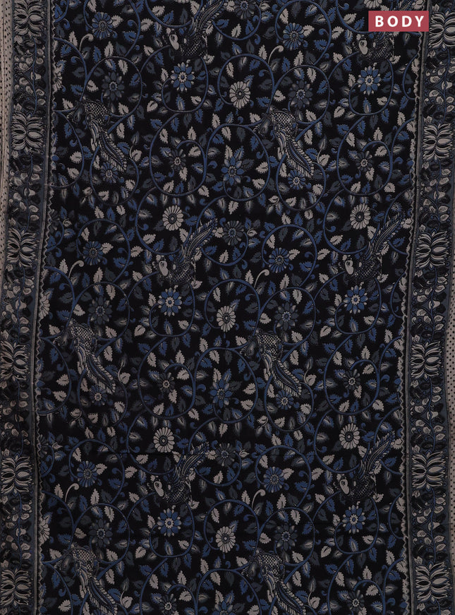 Kalamkari cotton saree black and bluish grey with allover prints and printed border