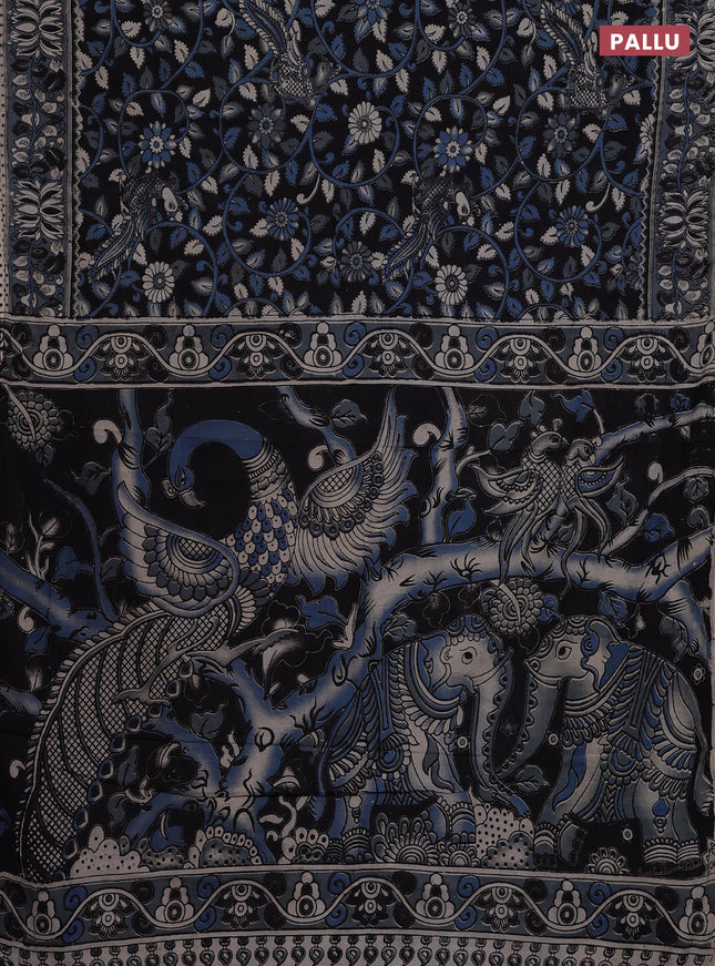 Kalamkari cotton saree black and bluish grey with allover prints and printed border