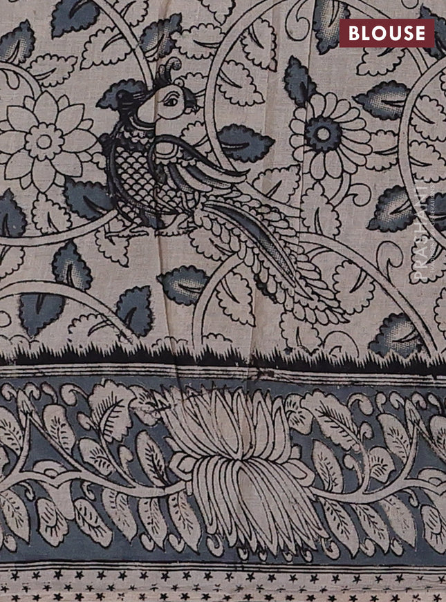 Kalamkari cotton saree black and bluish grey with allover prints and printed border