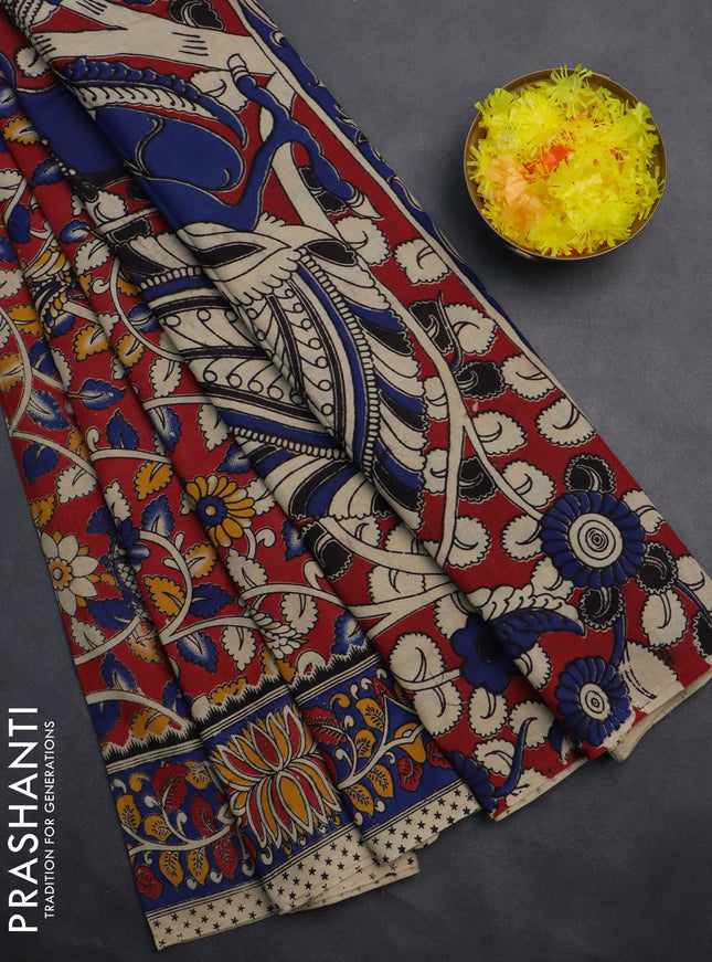 Kalamkari cotton saree maroon and blue with allover prints and printed border