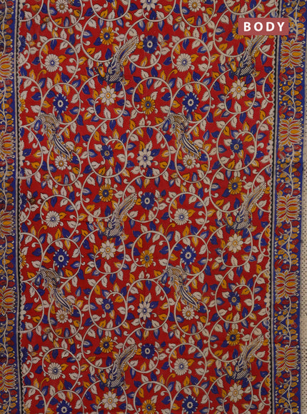 Kalamkari cotton saree maroon and blue with allover prints and printed border
