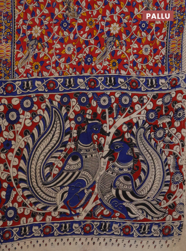 Kalamkari cotton saree maroon and blue with allover prints and printed border