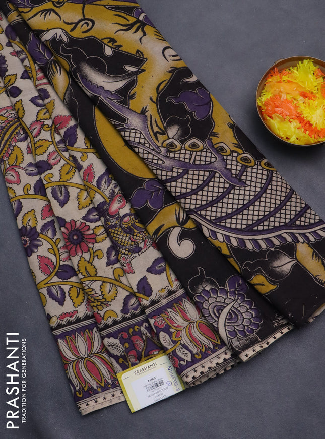 Kalamkari cotton saree beige and violet with allover prints and printed border