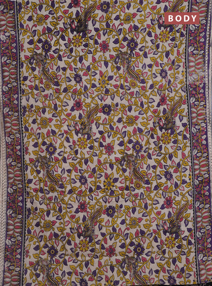 Kalamkari cotton saree beige and violet with allover prints and printed border