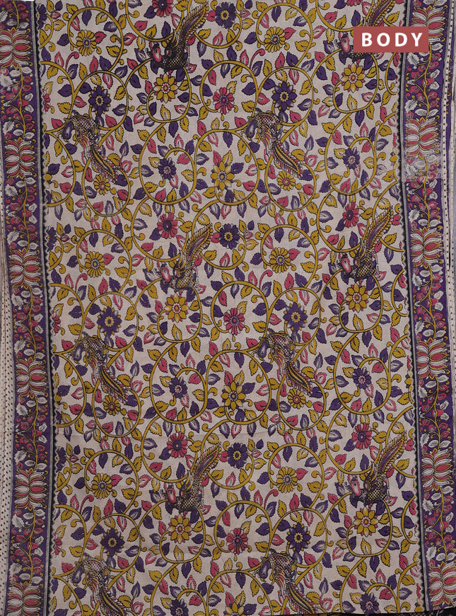 Kalamkari cotton saree beige and violet with allover prints and printed border