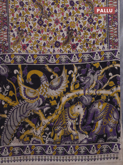 Kalamkari cotton saree beige and violet with allover prints and printed border
