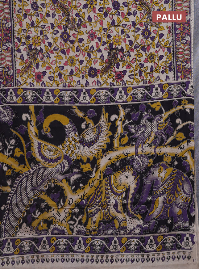Kalamkari cotton saree beige and violet with allover prints and printed border