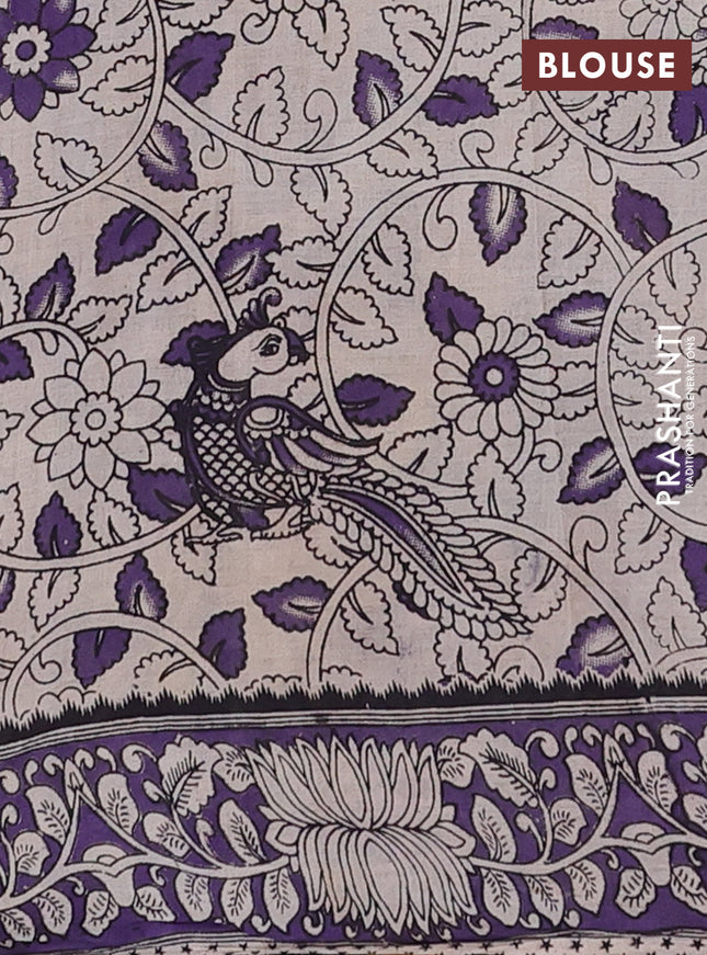 Kalamkari cotton saree beige and violet with allover prints and printed border