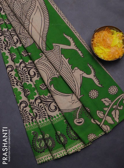 Kalamkari cotton saree beige and green with allover prints and printed border