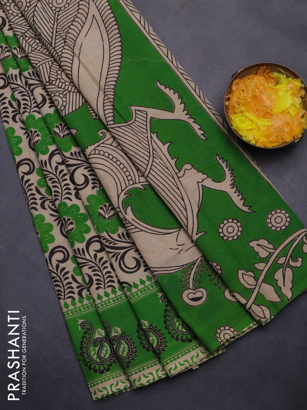 Kalamkari cotton saree beige and green with allover prints and printed border