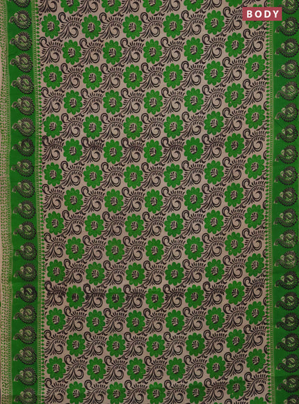 Kalamkari cotton saree beige and green with allover prints and printed border