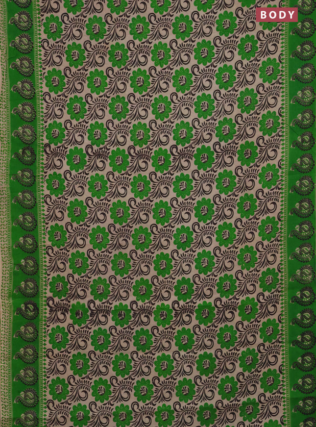 Kalamkari cotton saree beige and green with allover prints and printed border