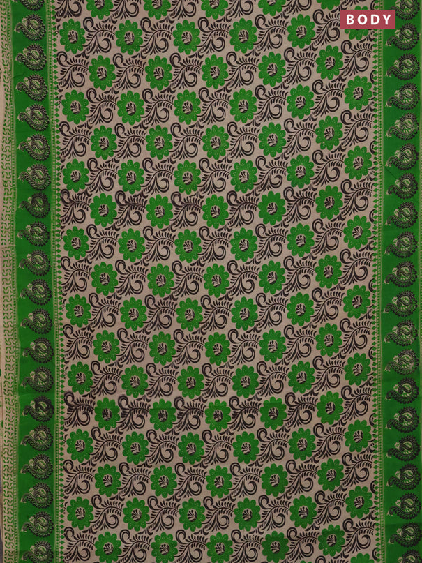 Kalamkari cotton saree beige and green with allover prints and printed border