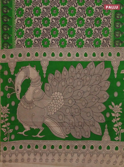 Kalamkari cotton saree beige and green with allover prints and printed border