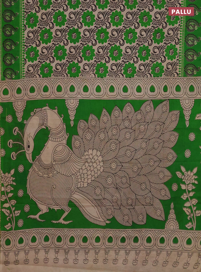 Kalamkari cotton saree beige and green with allover prints and printed border