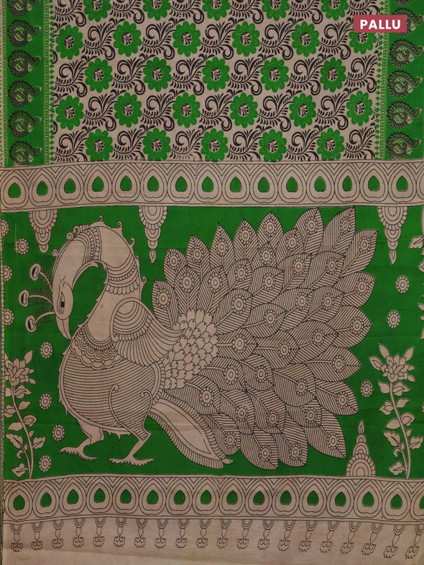 Kalamkari cotton saree beige and green with allover prints and printed border