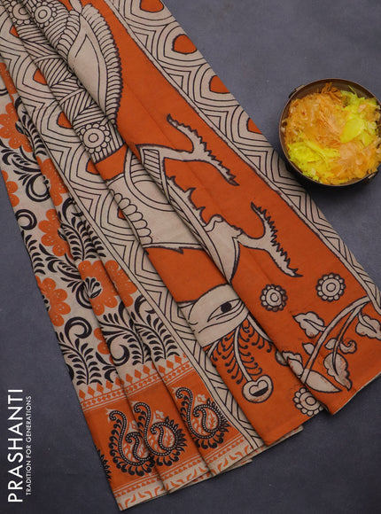 Kalamkari cotton saree beige and orange with allover prints and printed border