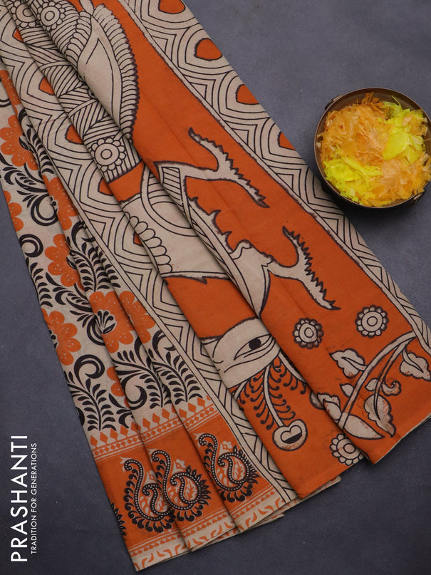 Kalamkari cotton saree beige and orange with allover prints and printed border