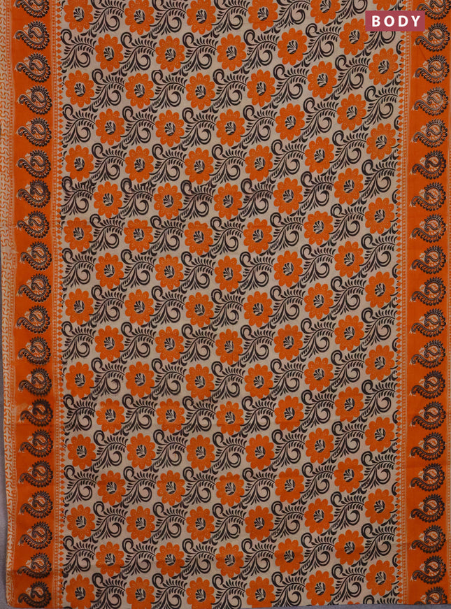 Kalamkari cotton saree beige and orange with allover prints and printed border
