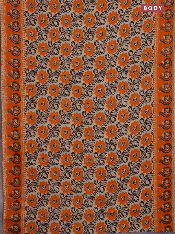 Kalamkari cotton saree beige and orange with allover prints and printed border
