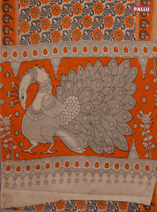Kalamkari cotton saree beige and orange with allover prints and printed border