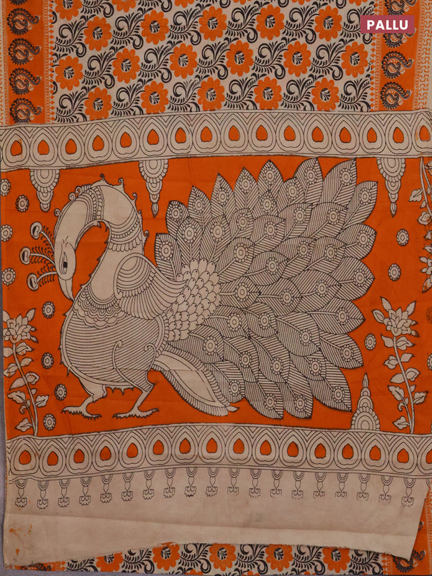 Kalamkari cotton saree beige and orange with allover prints and printed border