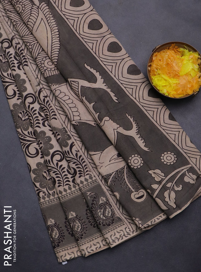 Kalamkari cotton saree beige and grey with allover prints and printed border