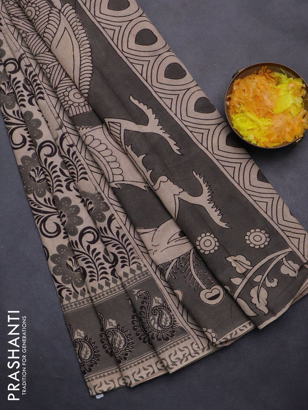 Kalamkari cotton saree beige and grey with allover prints and printed border