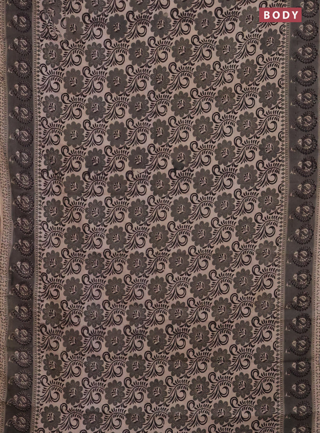 Kalamkari cotton saree beige and grey with allover prints and printed border