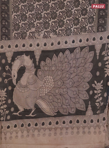 Kalamkari cotton saree beige and grey with allover prints and printed border