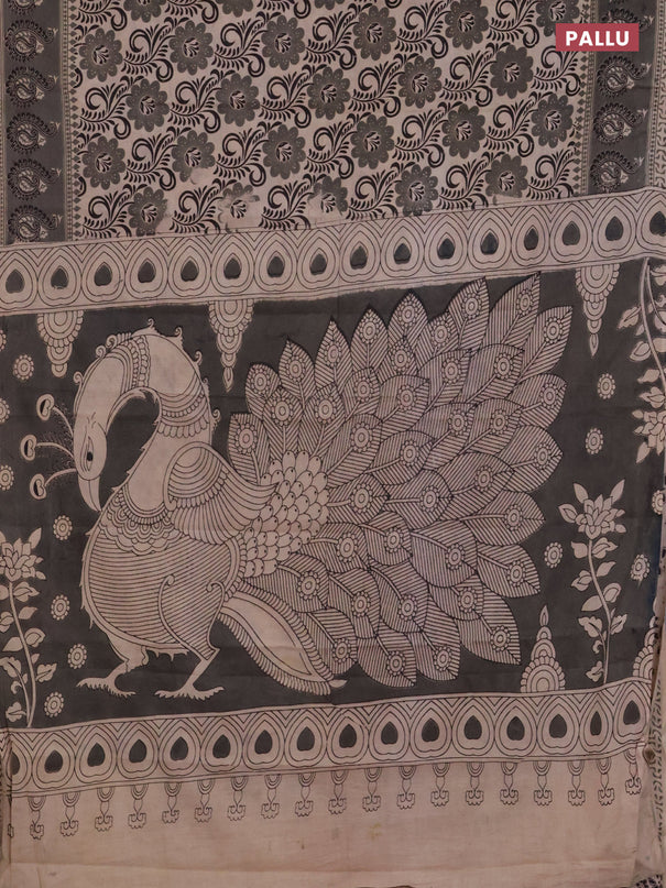 Kalamkari cotton saree beige and grey with allover prints and printed border