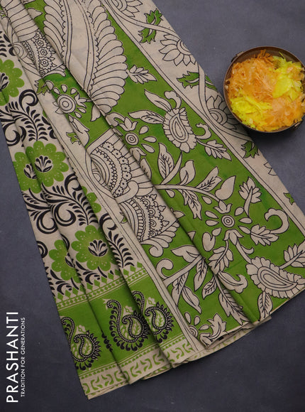 Kalamkari cotton saree beige and green with allover prints and printed border