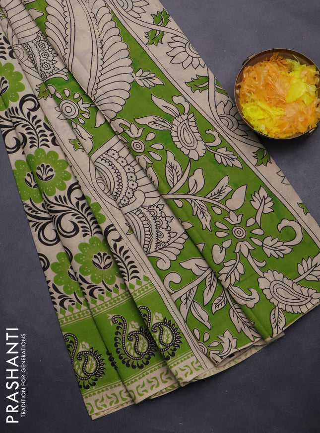 Kalamkari cotton saree beige and green with allover prints and printed border