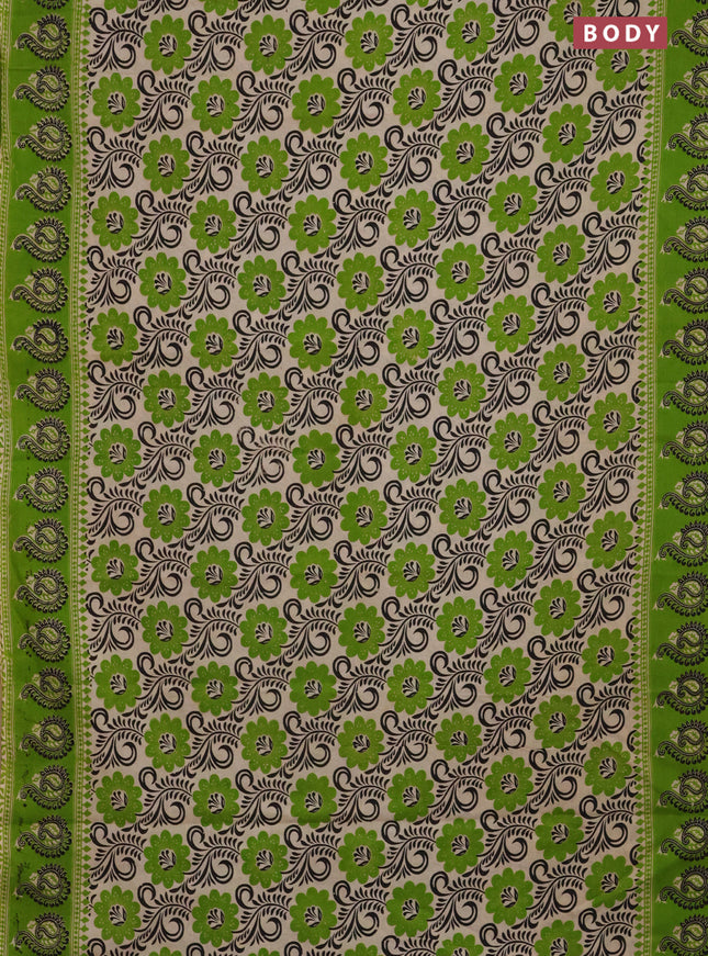 Kalamkari cotton saree beige and green with allover prints and printed border