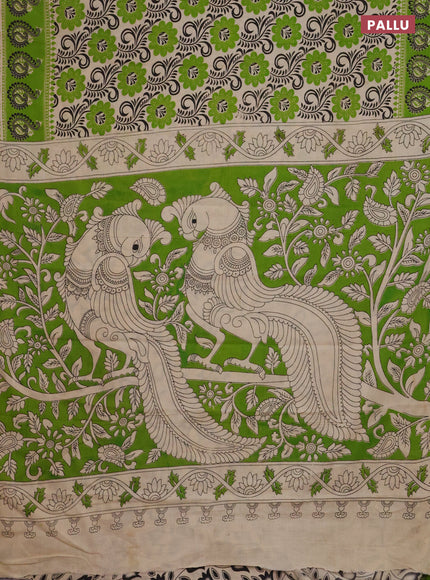 Kalamkari cotton saree beige and green with allover prints and printed border