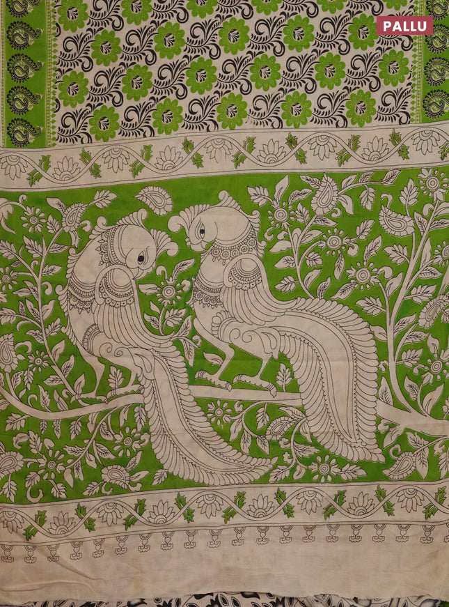 Kalamkari cotton saree beige and green with allover prints and printed border