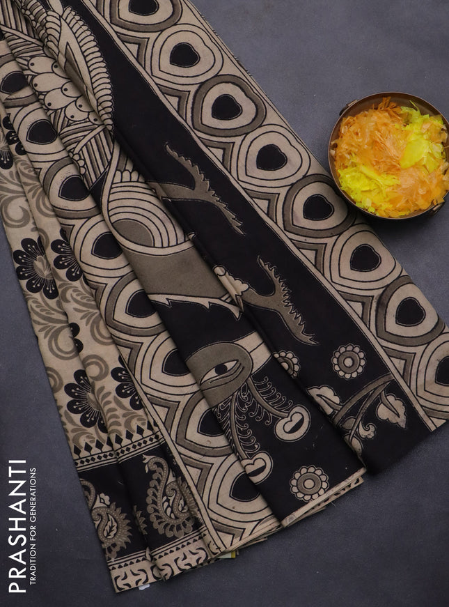 Kalamkari cotton saree beige and black with allover prints and printed border