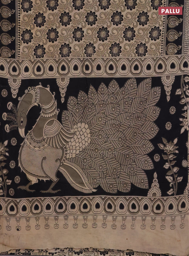 Kalamkari cotton saree beige and black with allover prints and printed border