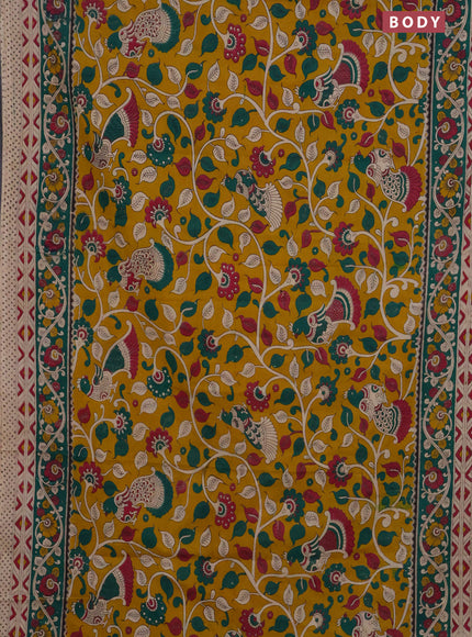Kalamkari cotton saree yellow and green with allover prints and printed border