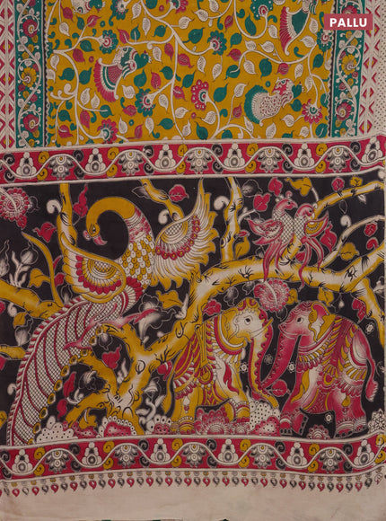 Kalamkari cotton saree yellow and green with allover prints and printed border