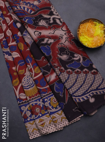 Kalamkari cotton saree maroon and blue with allover prints and printed border
