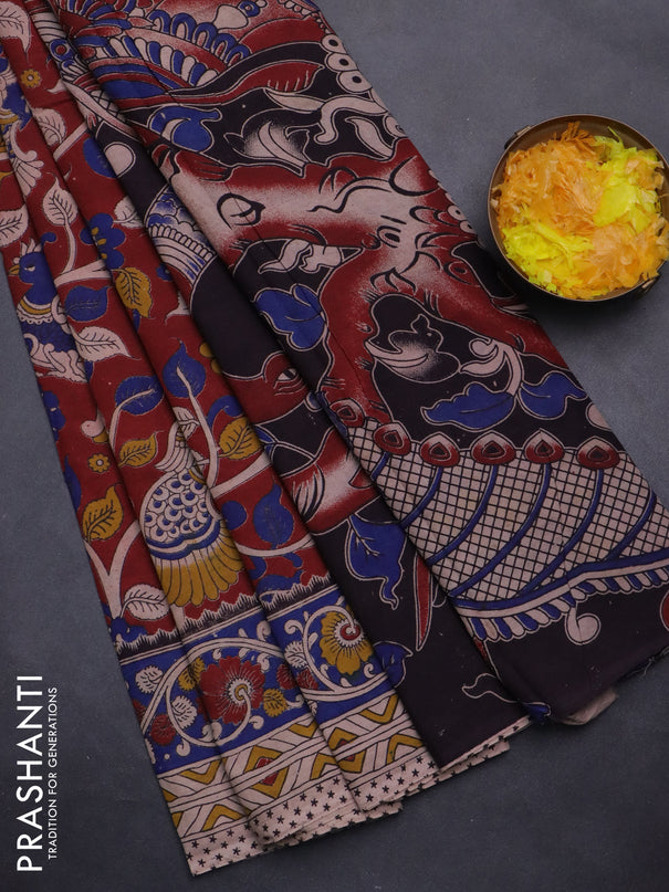 Kalamkari cotton saree maroon and blue with allover prints and printed border
