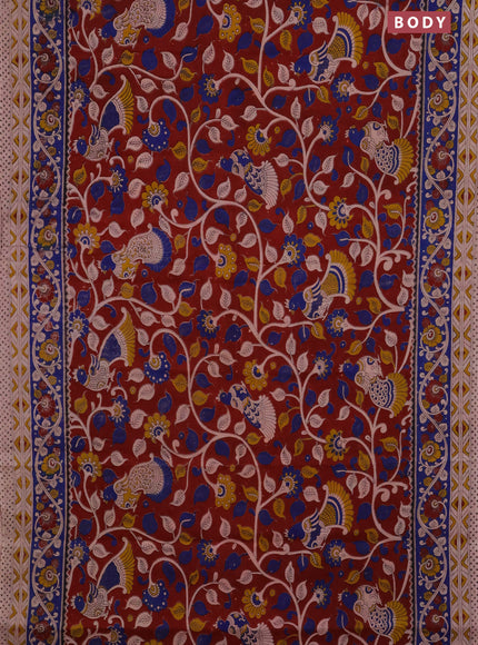 Kalamkari cotton saree maroon and blue with allover prints and printed border
