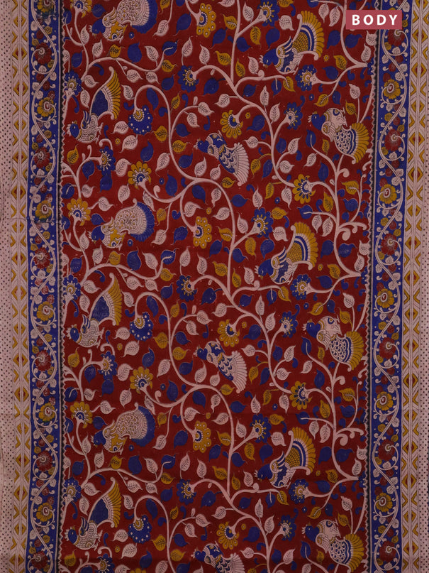 Kalamkari cotton saree maroon and blue with allover prints and printed border