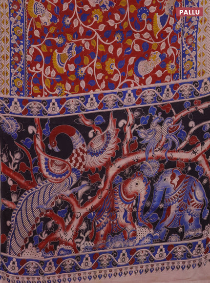 Kalamkari cotton saree maroon and blue with allover prints and printed border